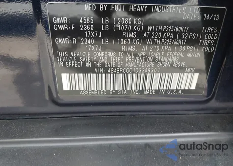 2013 Subaru Outback 2.5I Premium from USA, damaged, VIN 4S4BRCGC1D3309301